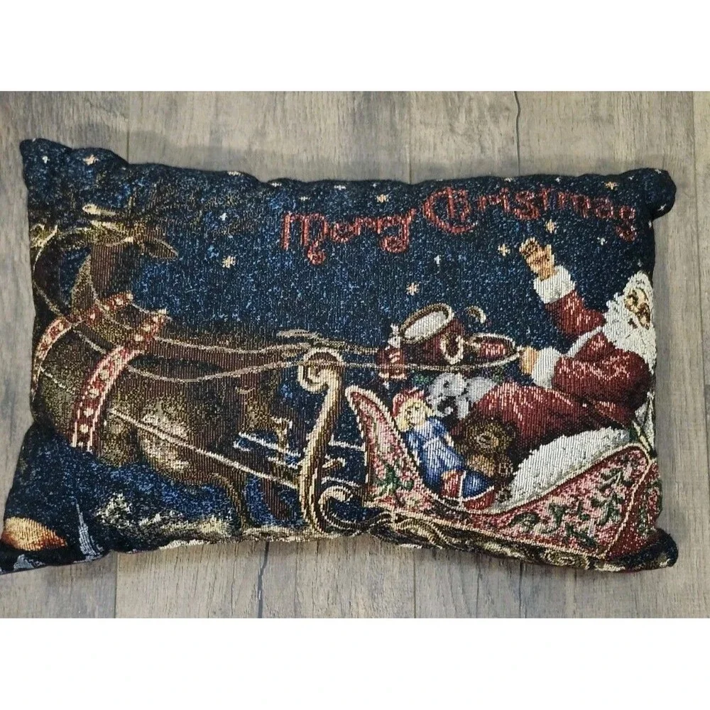 Tapestry Throw Pillow Santa Folk Art Blue Back 16